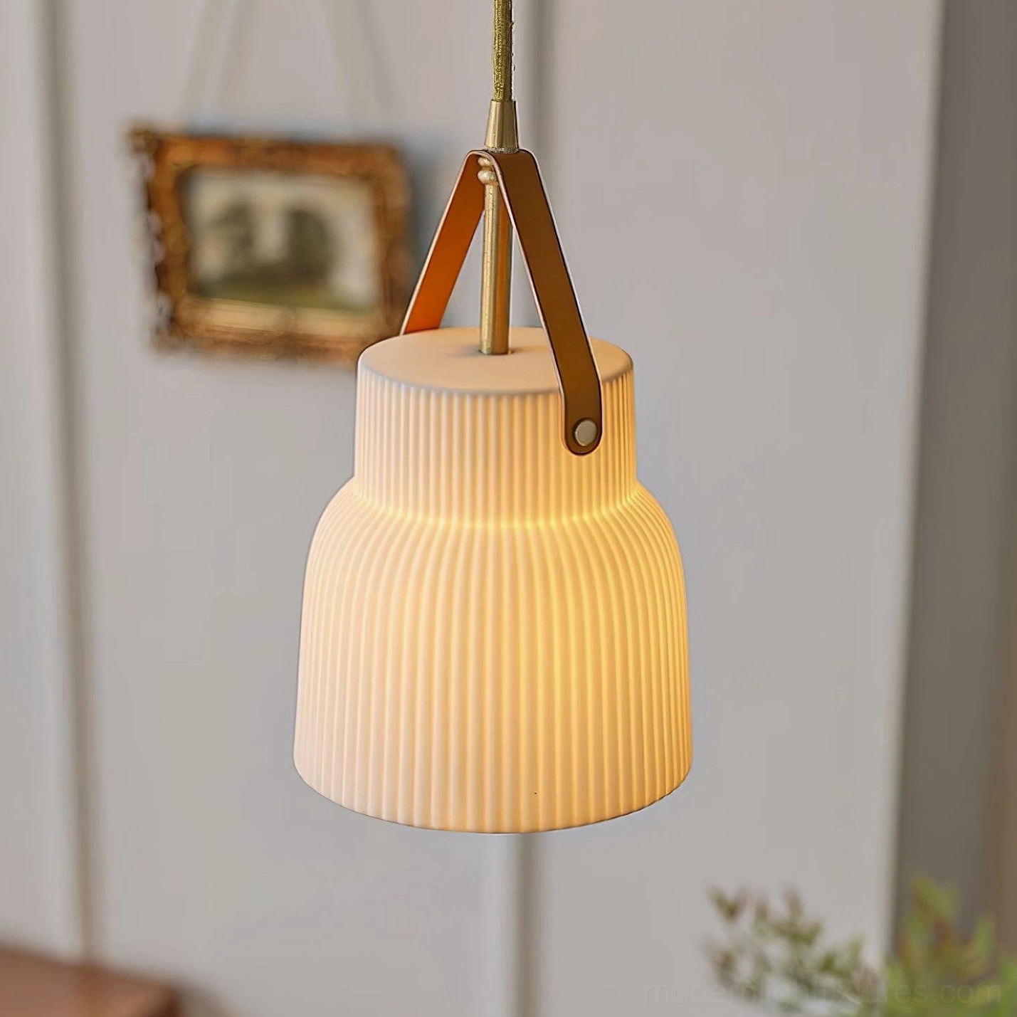 Model B ceramic ridged pendant light gold and white finish with proportional dimensions for island seating areas