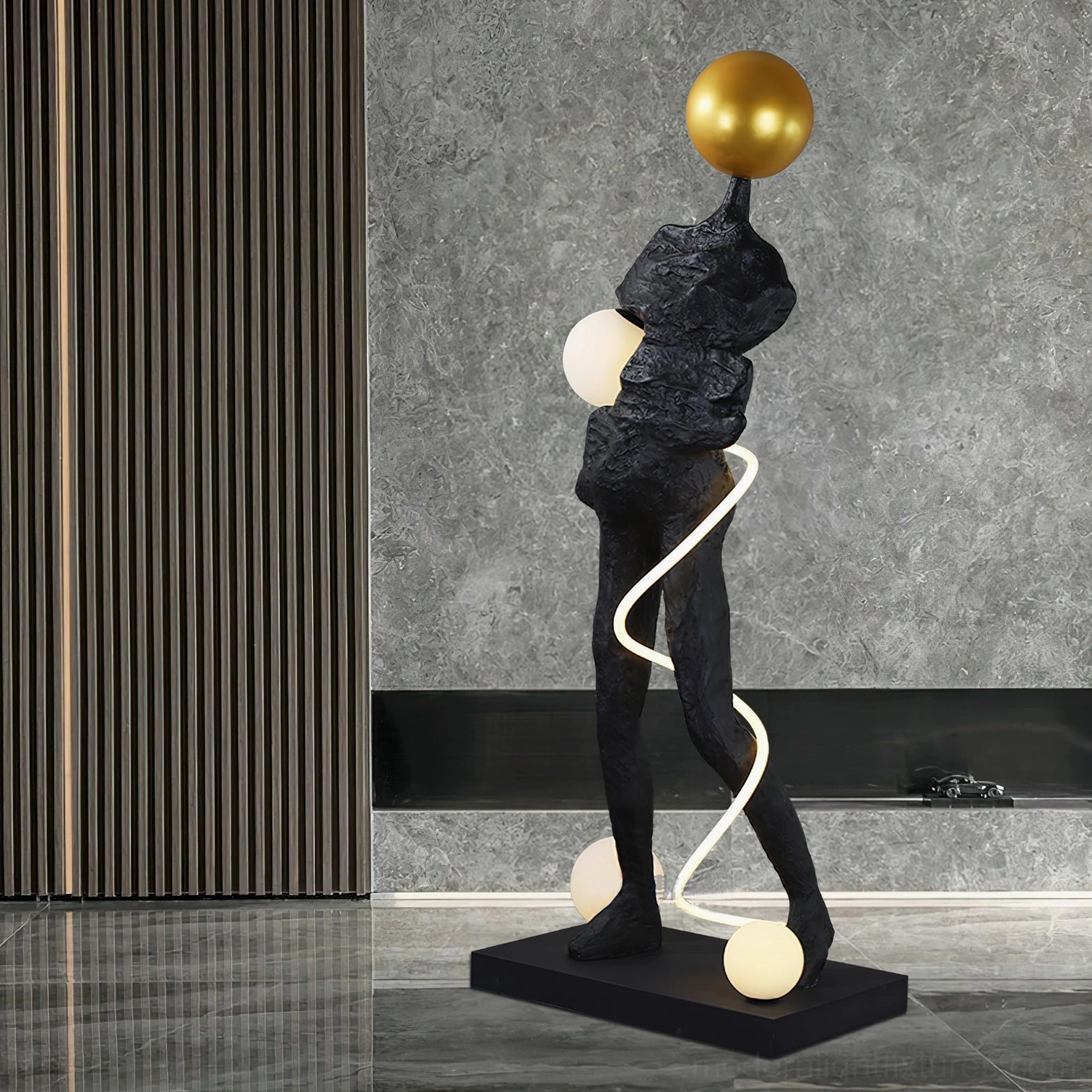 Ginasta abstract floor lamp in luxury modern living room with marble flooring and contemporary wall texture