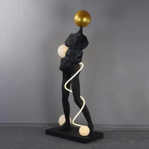 Contemporary Ginasta floor lamp in modern living room interior with warm LED illumination and textured wall backdrop