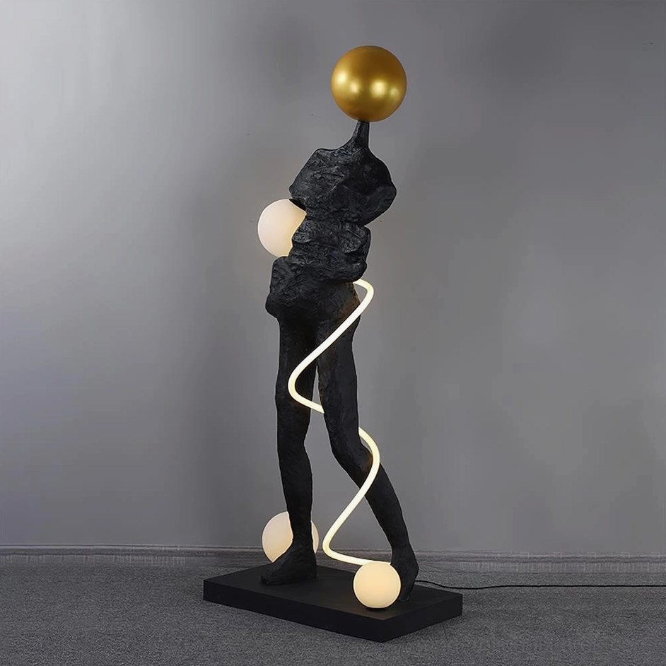 Contemporary Ginasta floor lamp in modern living room interior with warm LED illumination and textured wall backdrop