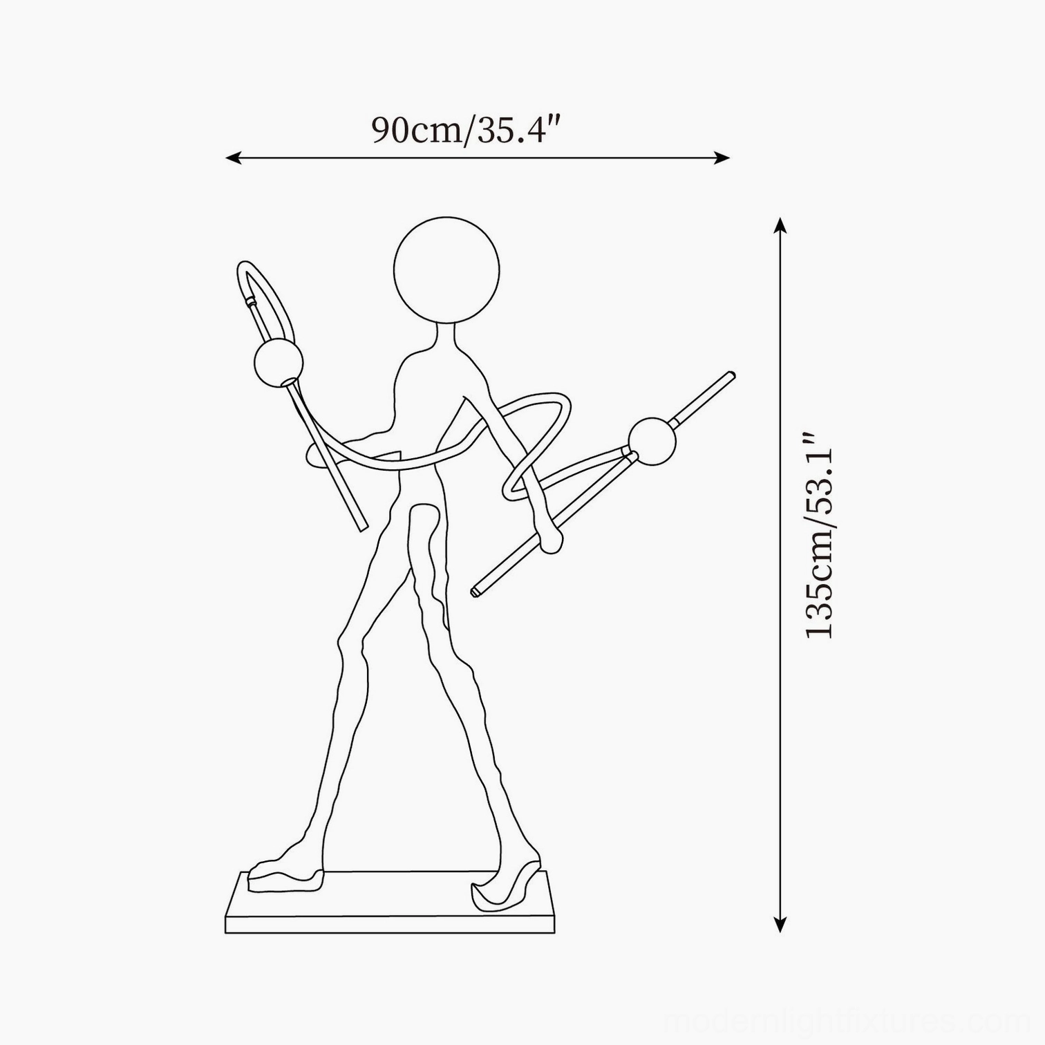 Ginasta floor lamp model A size comparison line drawing with dimensions 90cm diameter 135cm height