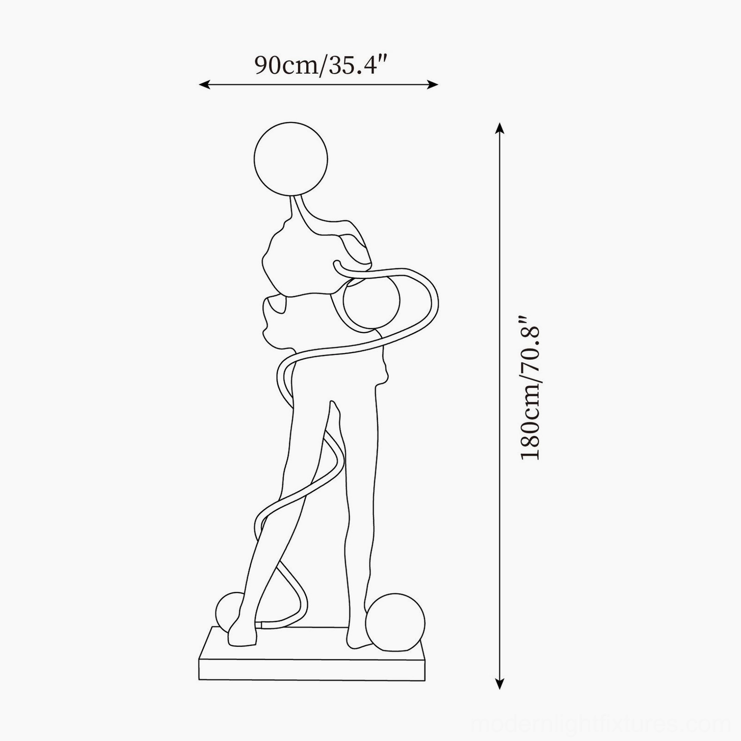 Ginasta floor lamp model B size comparison line drawing with dimensions 90cm diameter 180cm height tall version