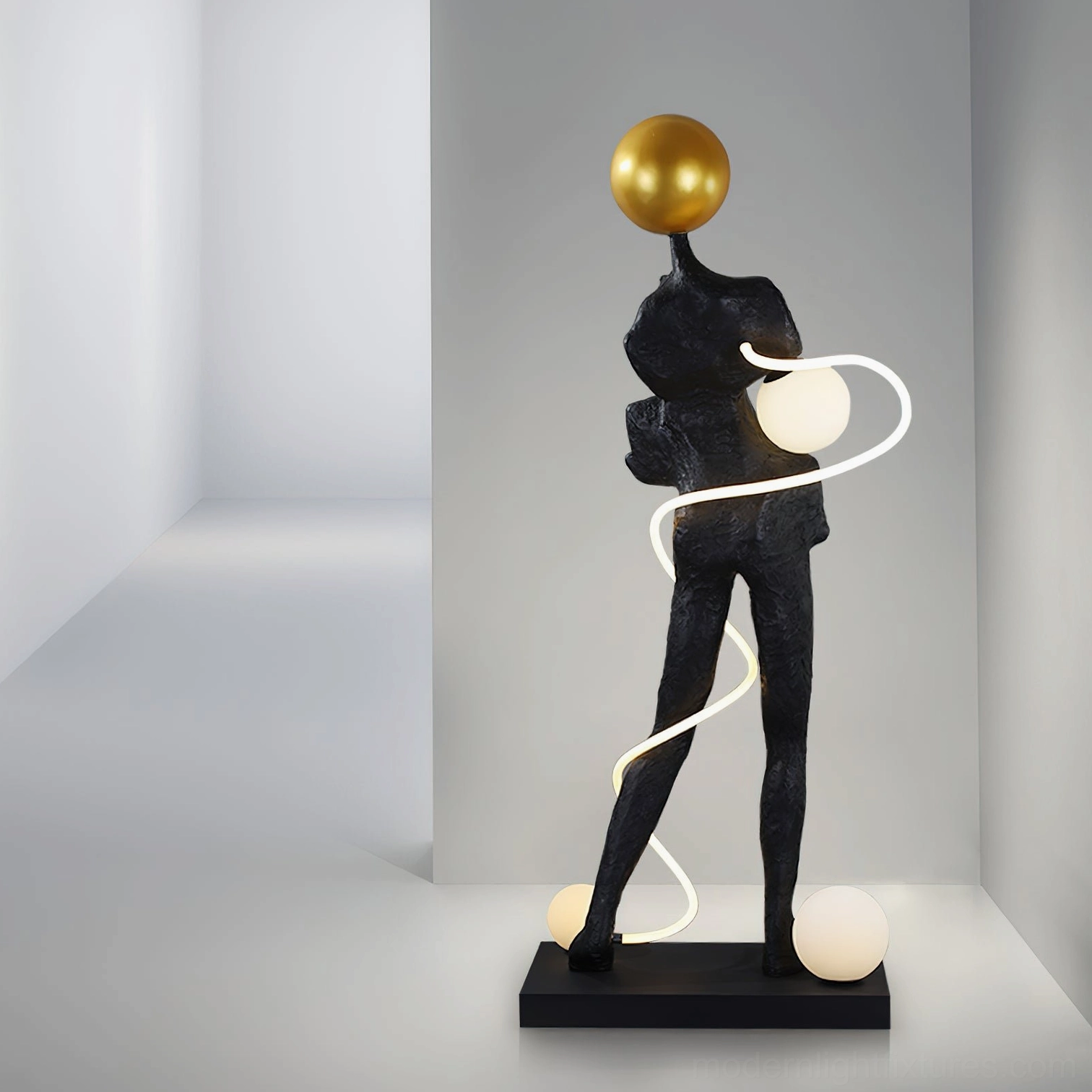 Ginasta humanoid form floor lamp in minimalist white corridor with integrated LED spiral strip lighting