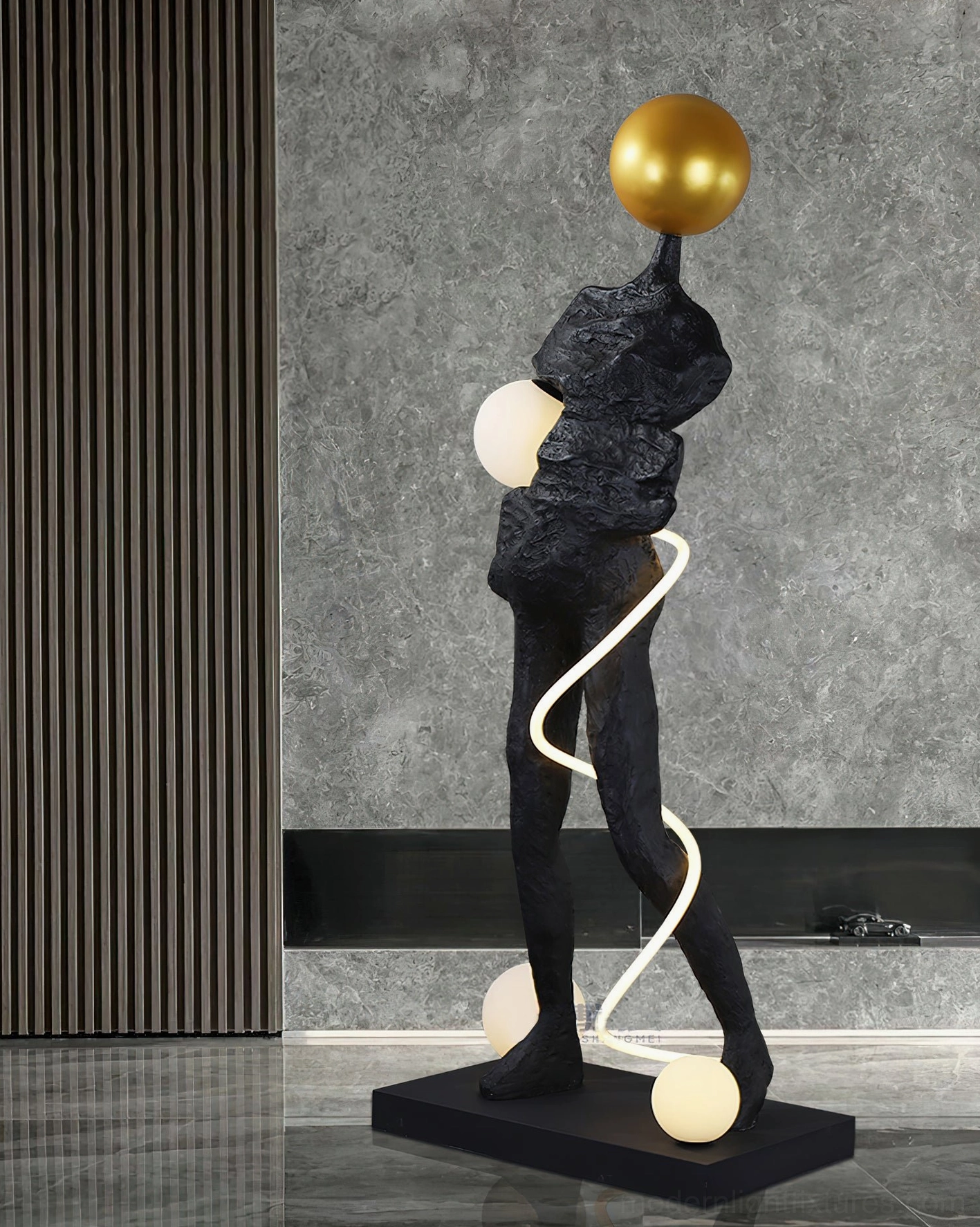 Ginasta modern sculpture floor lamp artistic form with integrated lighting and textured matte black finish detail