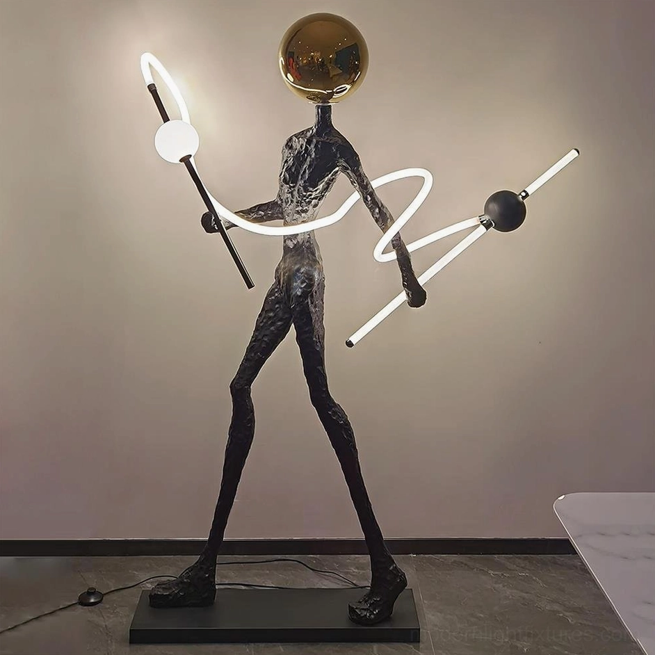 Ginasta abstract humanoid floor lamp complete product view with gold accents and frosted ivory glass elements