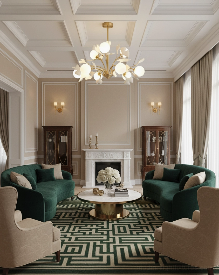 Large ginkgo statement chandelier installation in grand entryway or foyer, showing impressive scale and botanical design