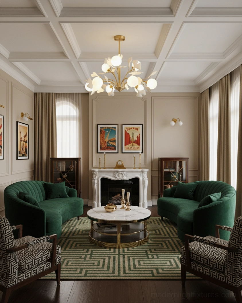 Ginkgo 12-head chandelier in spacious open-plan living area, wide overhead perspective showing scale and light distribution