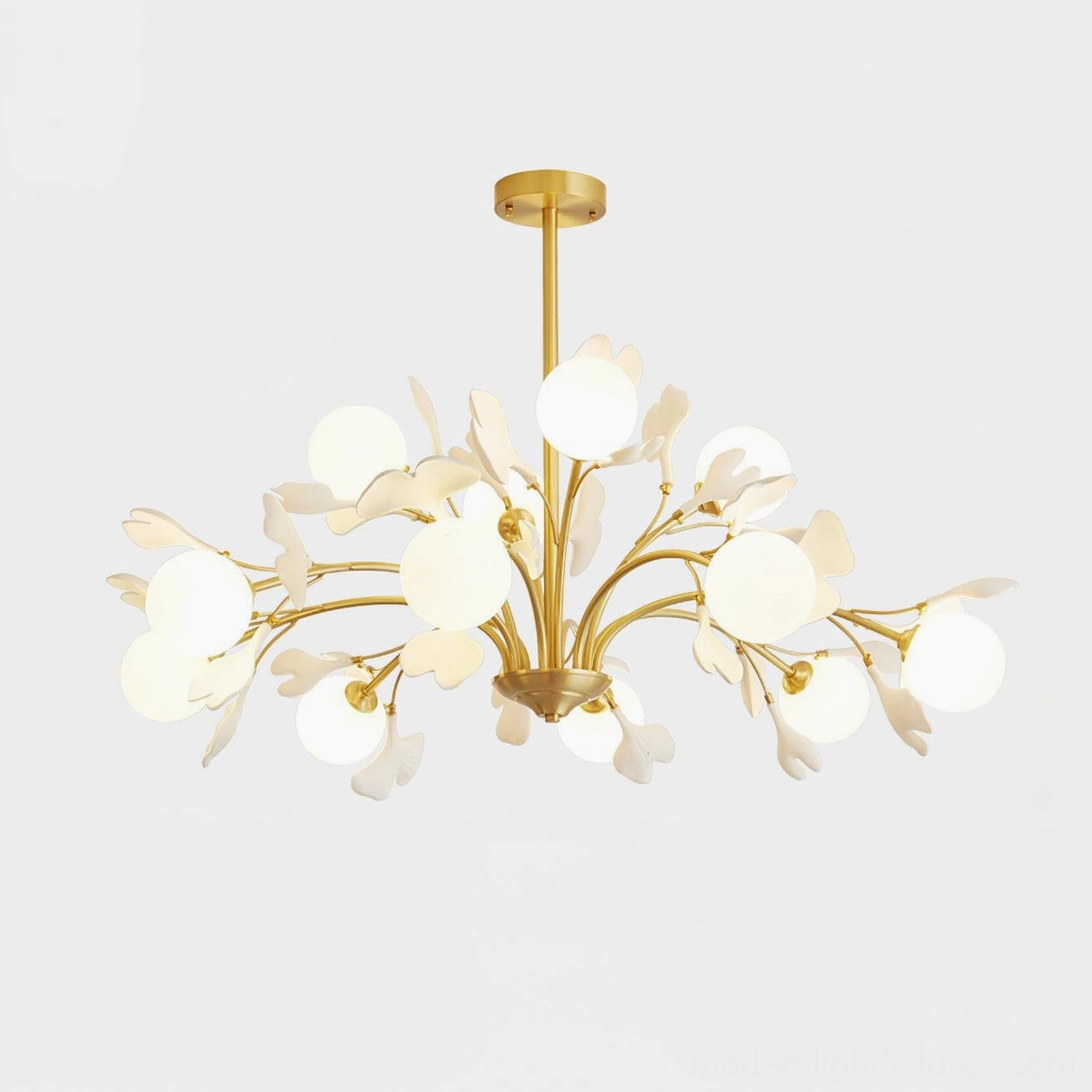 Ginkgo 12-head chandelier studio product photography, pure white background large scale fixture