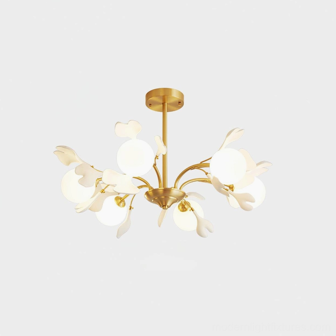 Small ginkgo 6-head chandelier in bedroom, intimate ambient lighting with ceramic leaves and brass frame