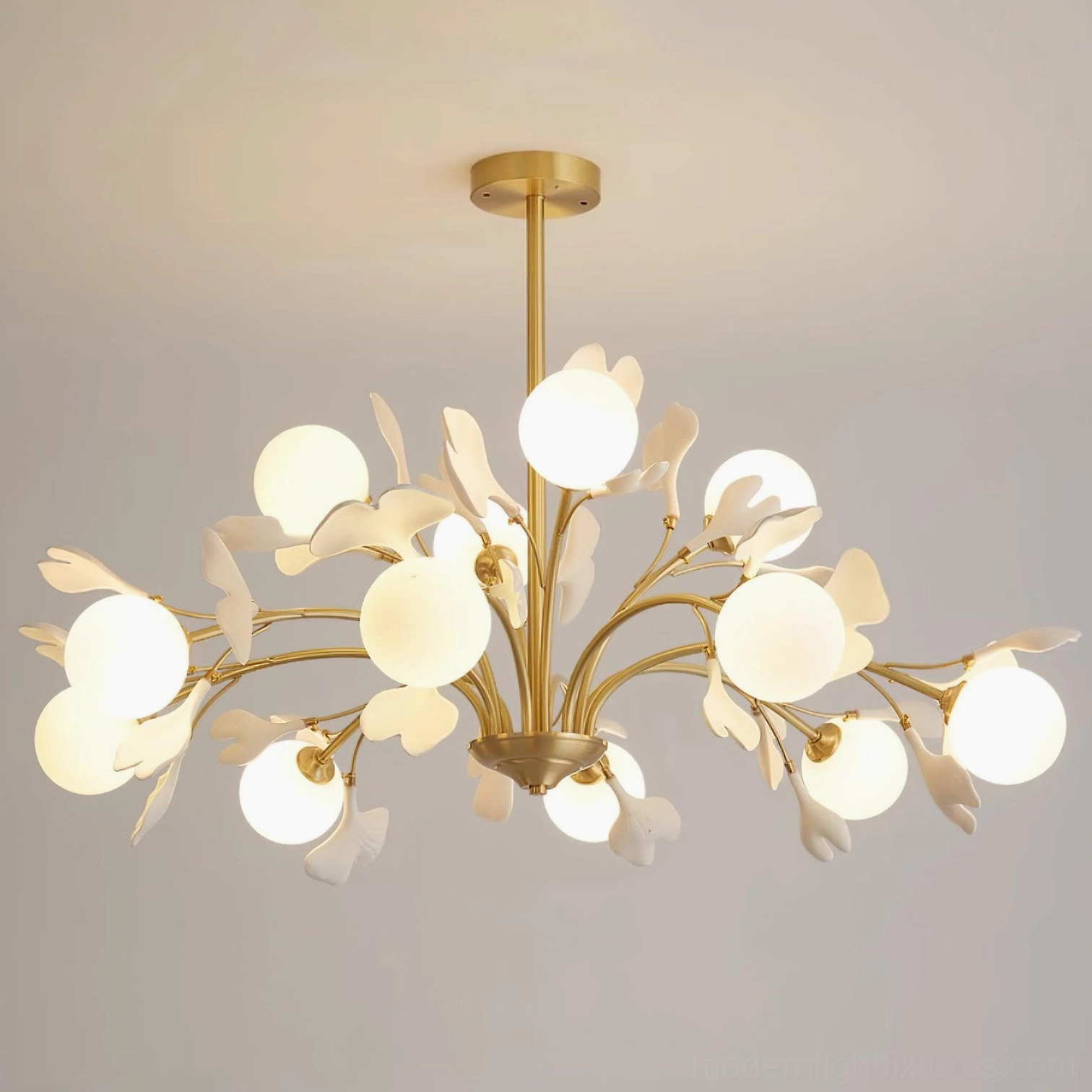 Ginkgo 6-head chandelier intimate bedroom setting, warm ambient mood lighting for relaxation