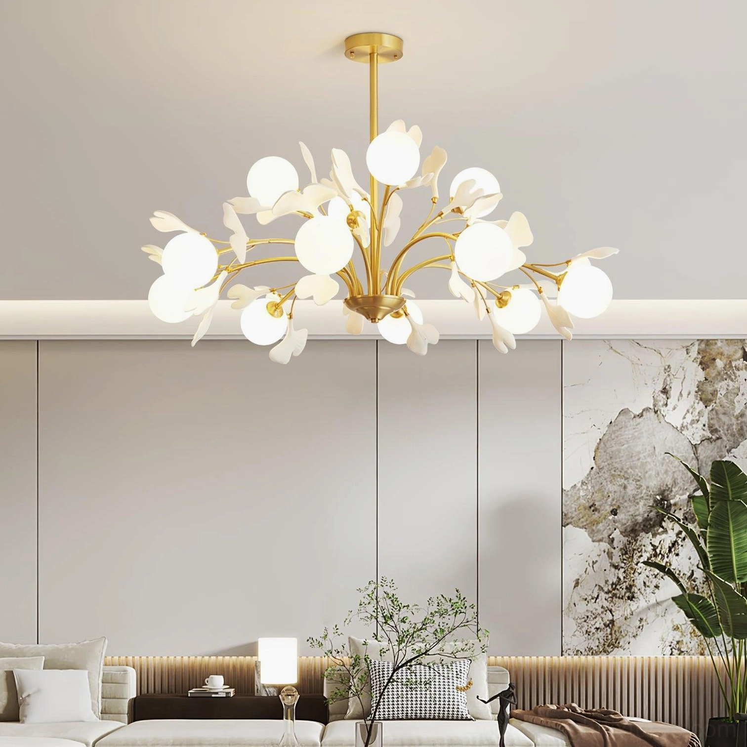 Ginkgo 8-head chandelier in contemporary dining room, showing medium size and warm illumination