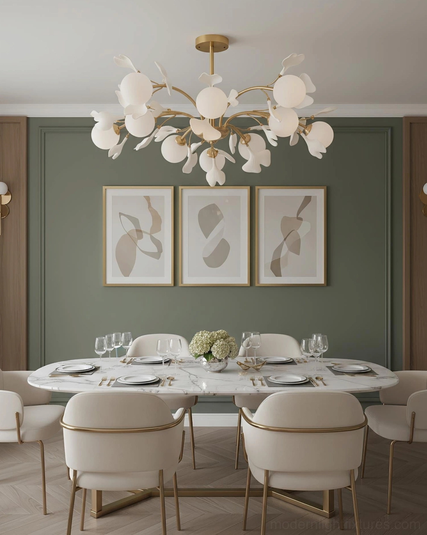Ginkgo 8-head chandelier full view, complete fixture showing medium size and leaf arrangement
