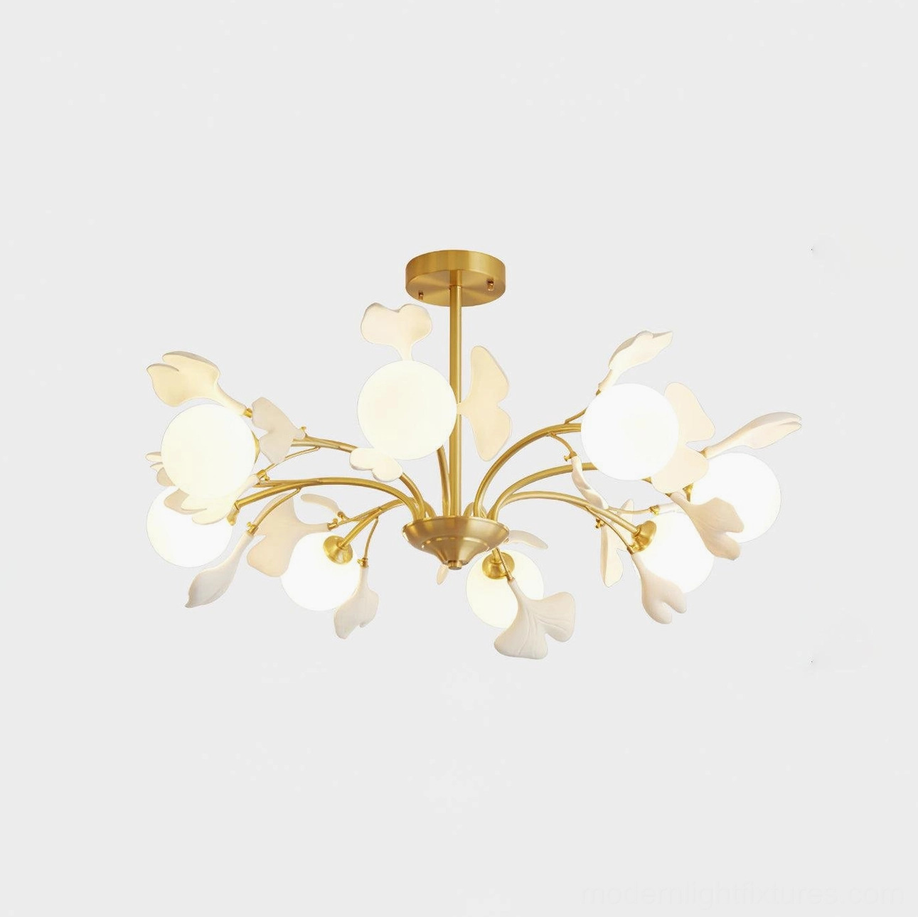 Ginkgo 8-head chandelier studio product photography, pure white background showing all angles