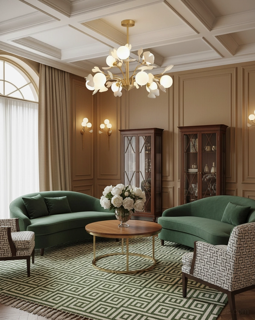 Large ginkgo chandelier 9-head installation above dining table, showing elegant suspension and size proportion