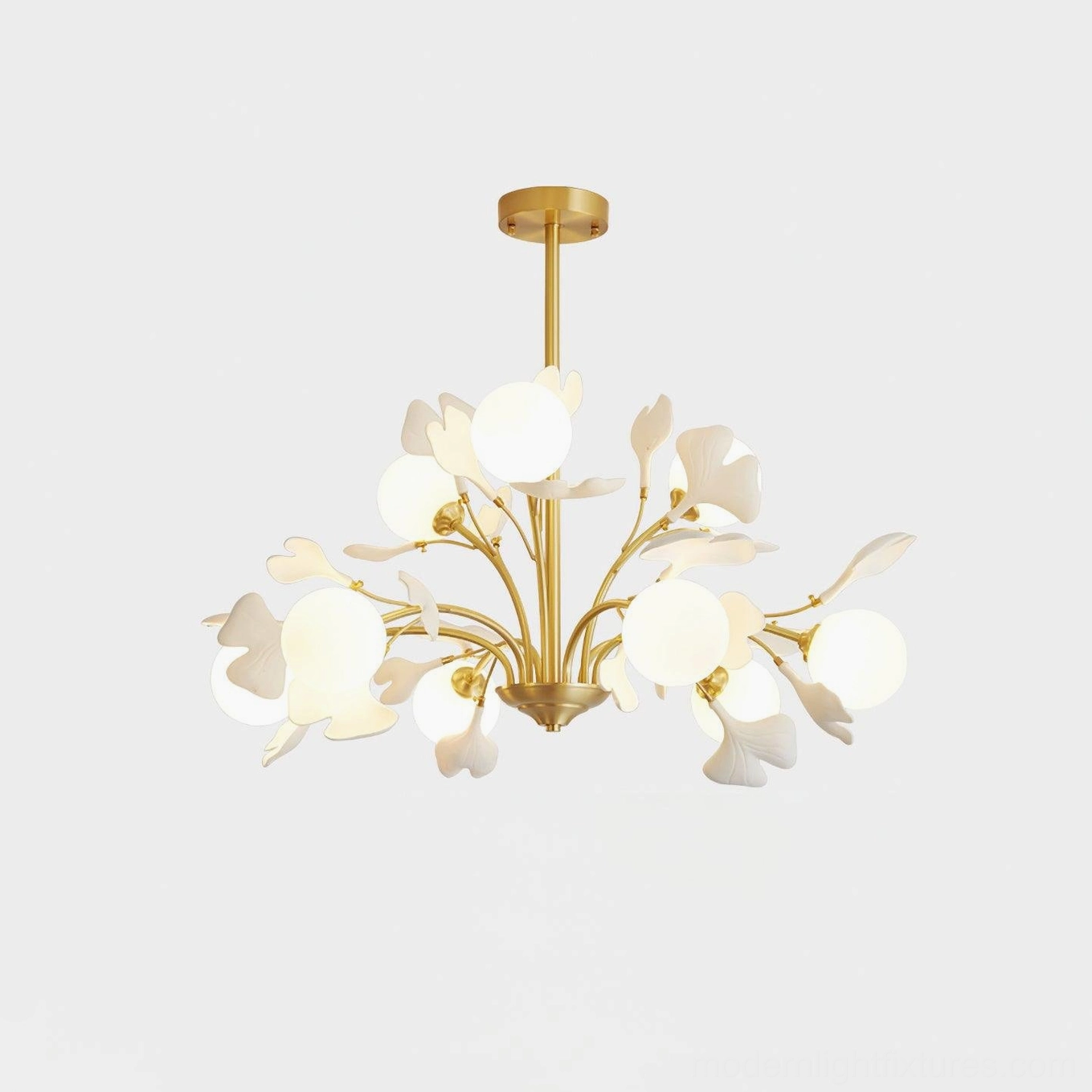 Ginkgo 9-head chandelier studio product photography, pure white background showing design elements