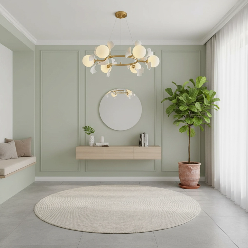 Ginkgo leaf pendant light fixture in minimalist modern entryway with green accent wall