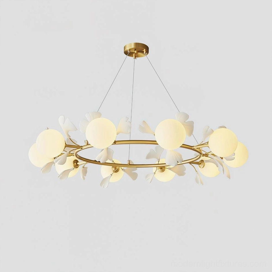 Modern ginkgo leaf chandelier 10 heads brass white large pendant fixture