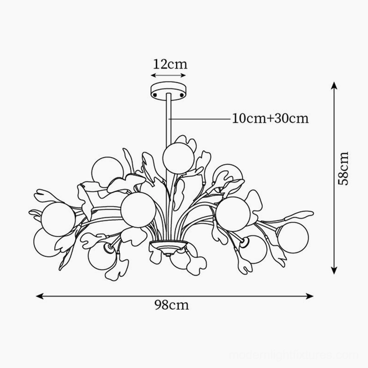 Ginkgo chandelier 12-head technical dimension schematic, orthographic overhead illustration showing 98cm diameter and 58cm height