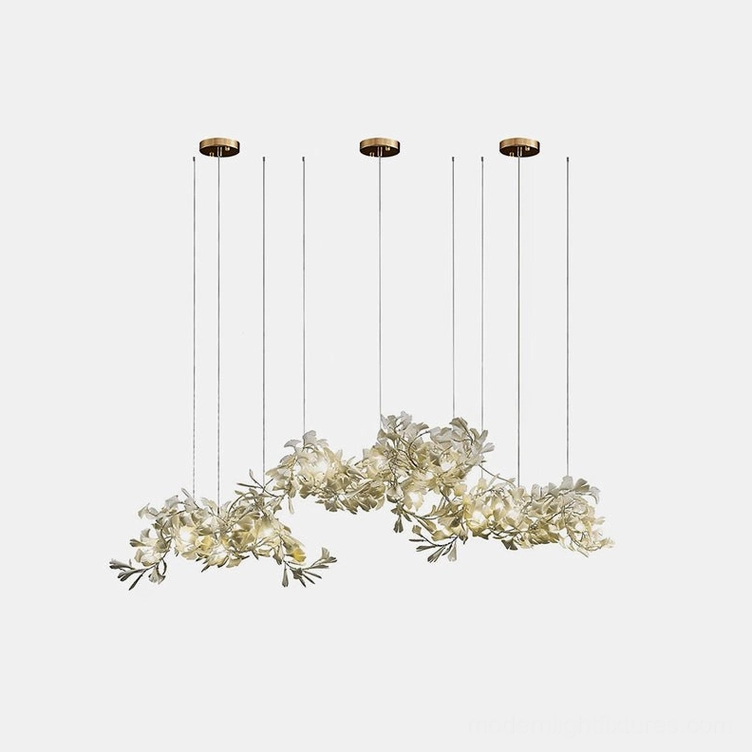 Ginkgo leaf chandelier 3-piece 200cm configuration with gold body and white ceramic leaves