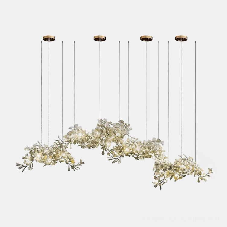 Modern ginkgo leaf pendant 3-piece 250cm configuration with gold body and white ceramic finish