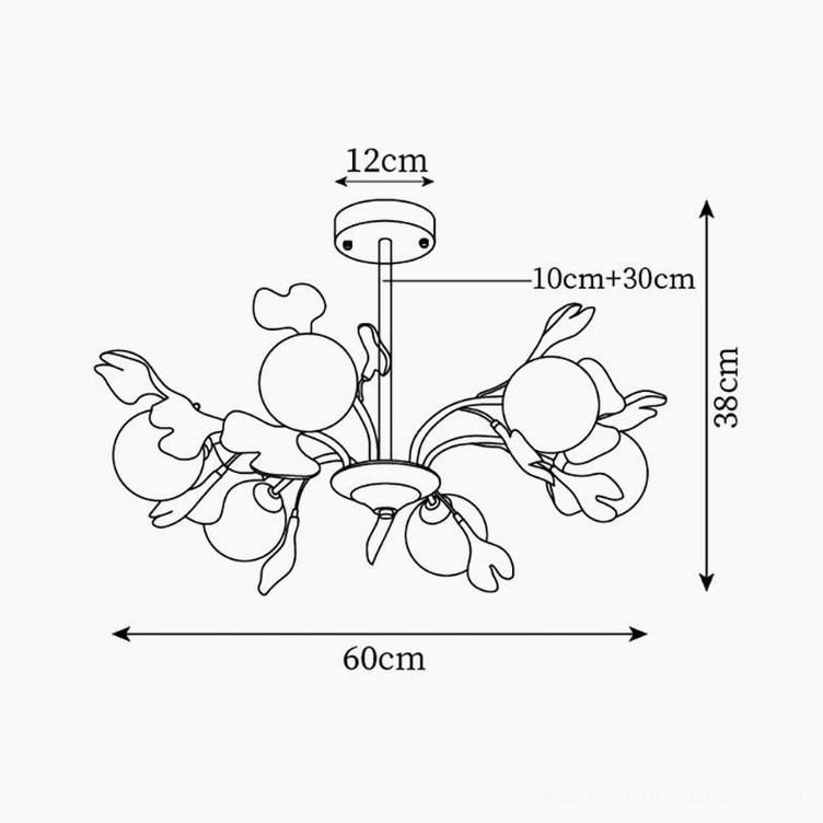 Ginkgo chandelier 6-head technical dimension schematic, orthographic overhead illustration showing 60cm diameter and 38cm height