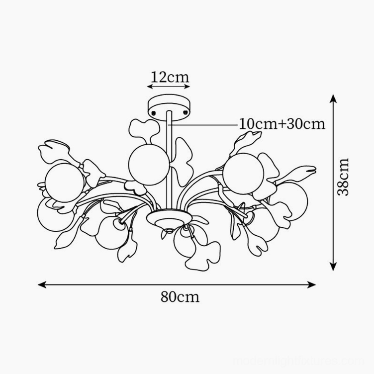 Ginkgo chandelier 8-head technical dimension schematic, orthographic overhead illustration showing 80cm diameter and 38cm height