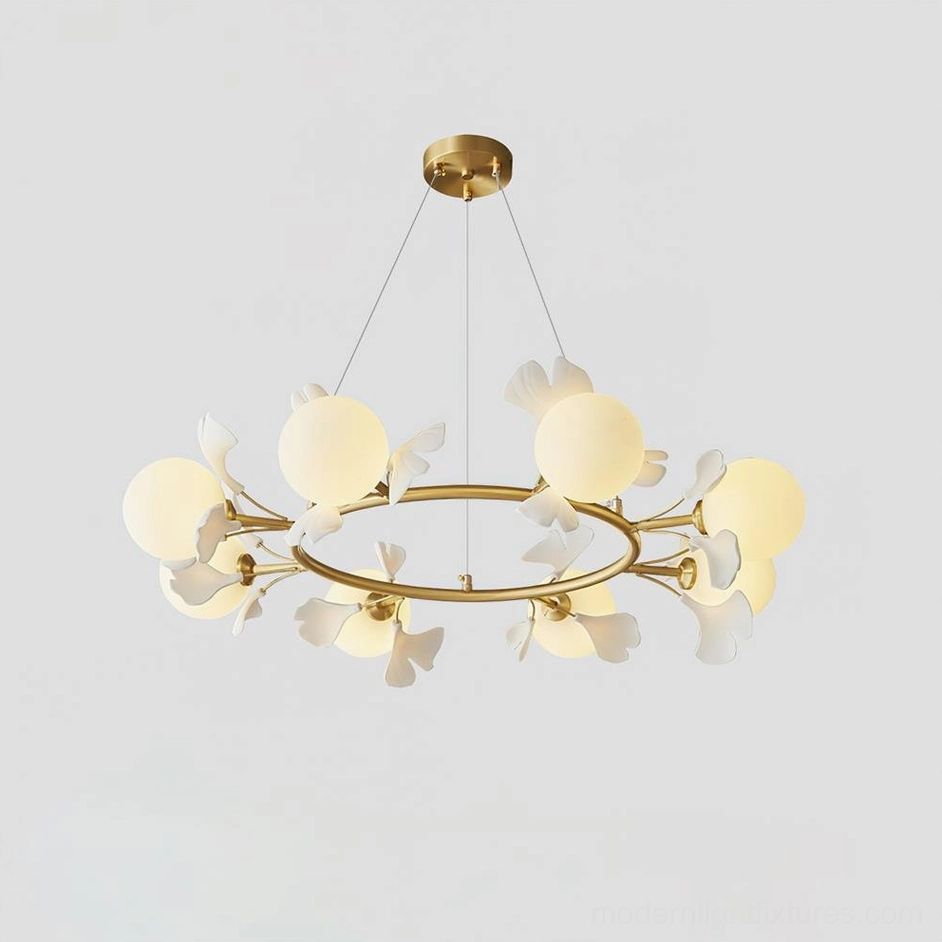 Contemporary ginkgo leaf chandelier 8 heads brass white pendant light