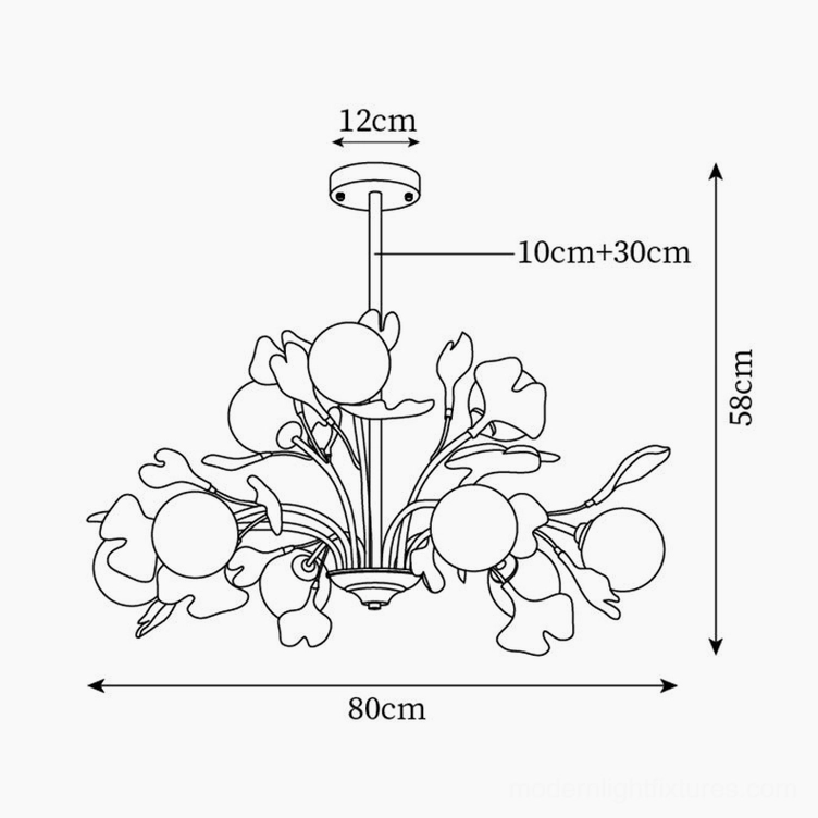Ginkgo chandelier 9-head technical dimension schematic, orthographic overhead illustration showing 80cm diameter and 58cm height