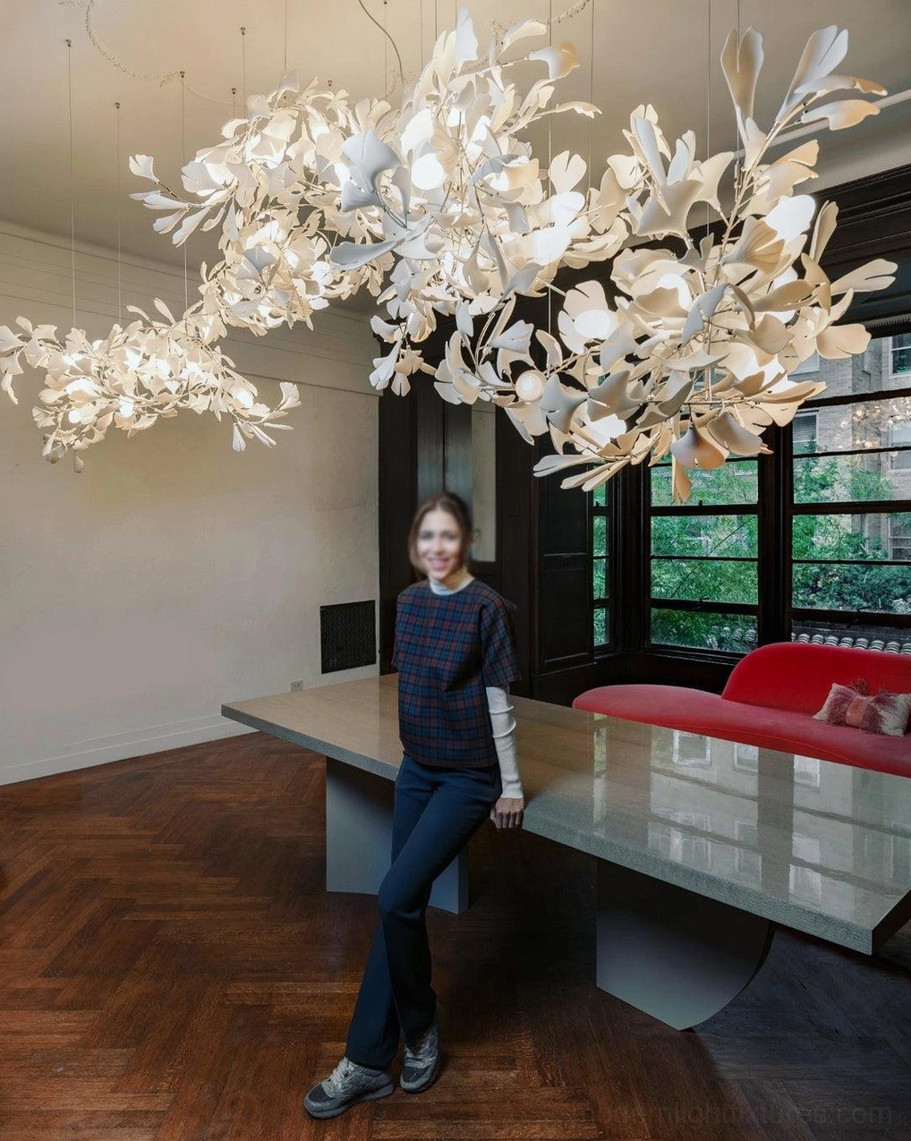 Ginkgo leaf pendant chandelier with manual branch spreading for customized full-width installation