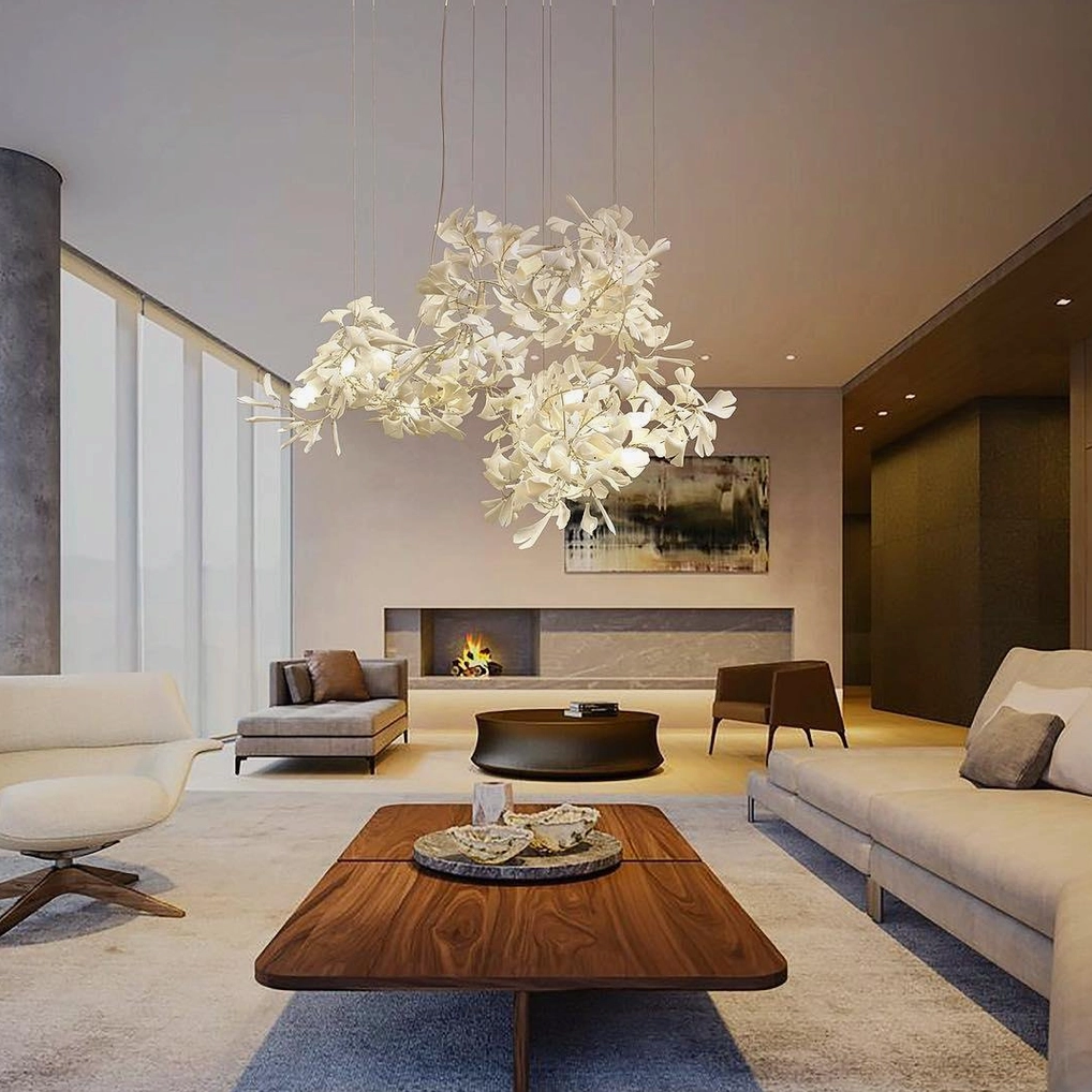 Ginkgo leaf pendant chandelier with adjustable metal branches and ceramic leaf positioning flexibility