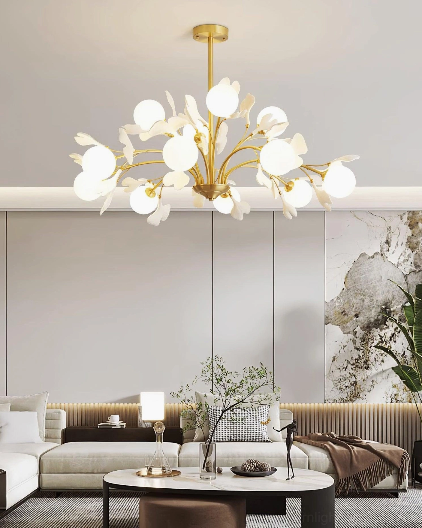 Ginkgo ceramic chandelier with all four size options displayed, comparison view of 6, 8, 9, and 12-head configurations