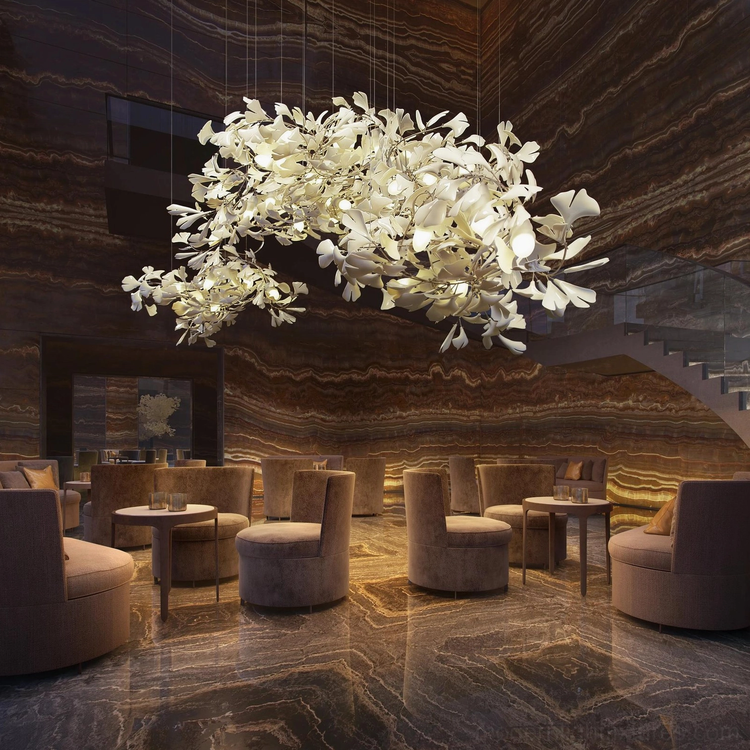 Ginkgo leaf pendant chandelier in master bedroom creating serene nature-inspired retreat atmosphere