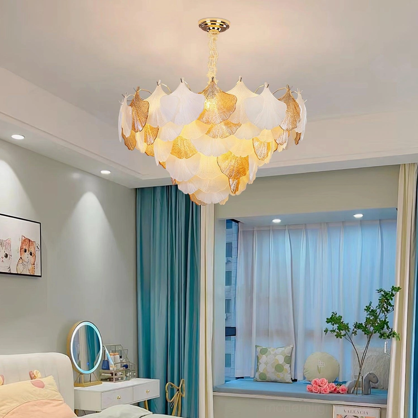 Ginkgo leaf chandelier in bedroom with bay window and pastel decor, showing soft warm lighting for bedrooms