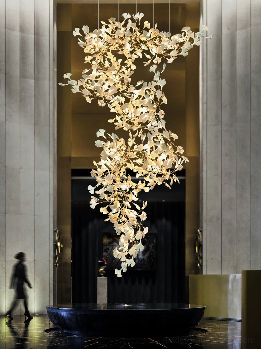 Ginkgo leaf pendant chandelier showing complete botanical-inspired design composition