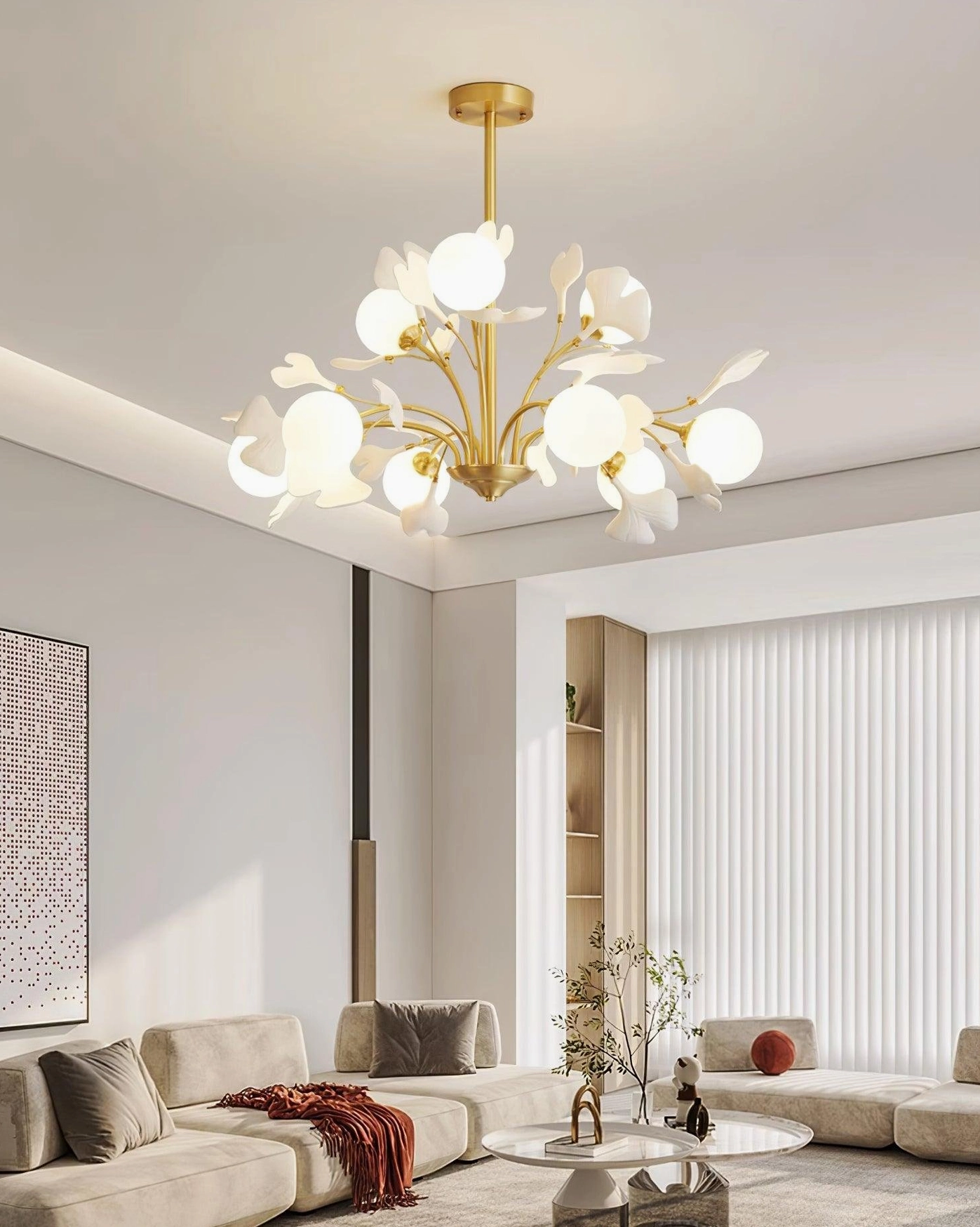 Ginkgo chandelier botanical design detail, showing hand-formed ceramic leaf variations and natural imperfections