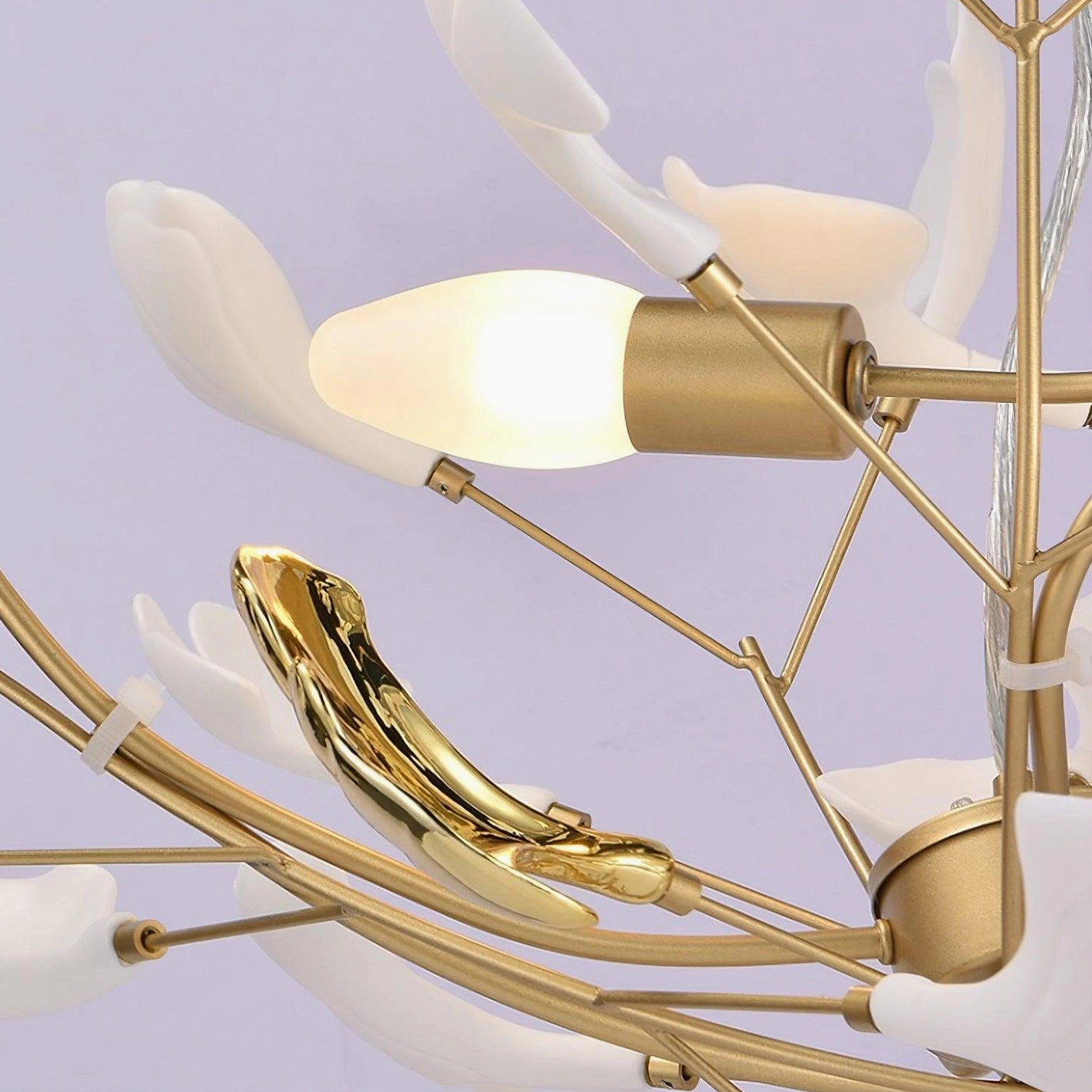 Ginkgo leaf ceramic chandelier - bottom view showing leaf arrangement and light socket configuration