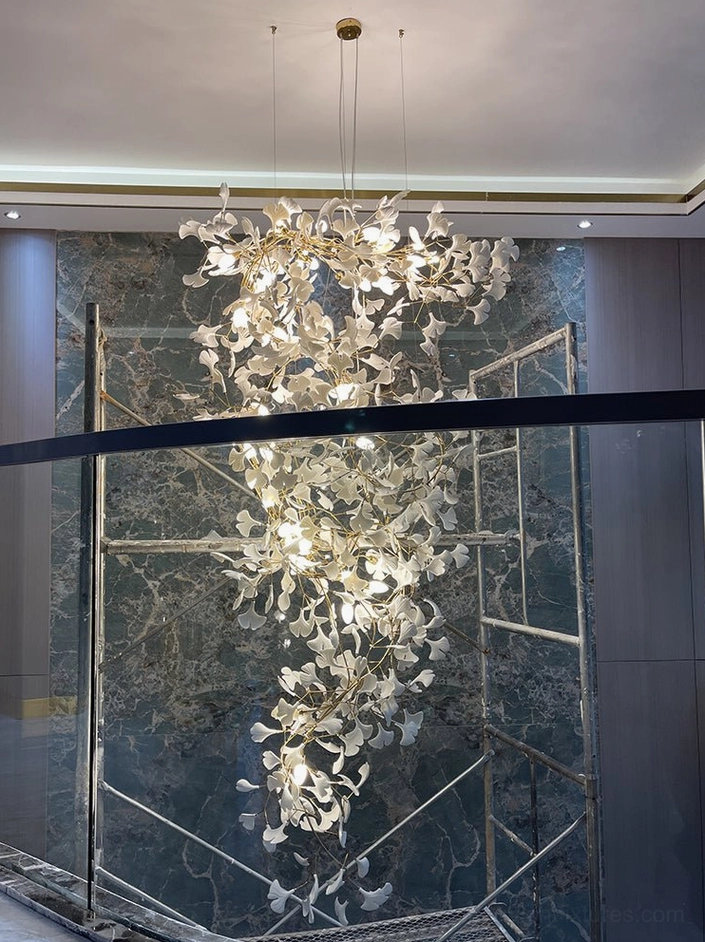 Modern ginkgo pendant chandelier detail showing branch framework and adjustment points