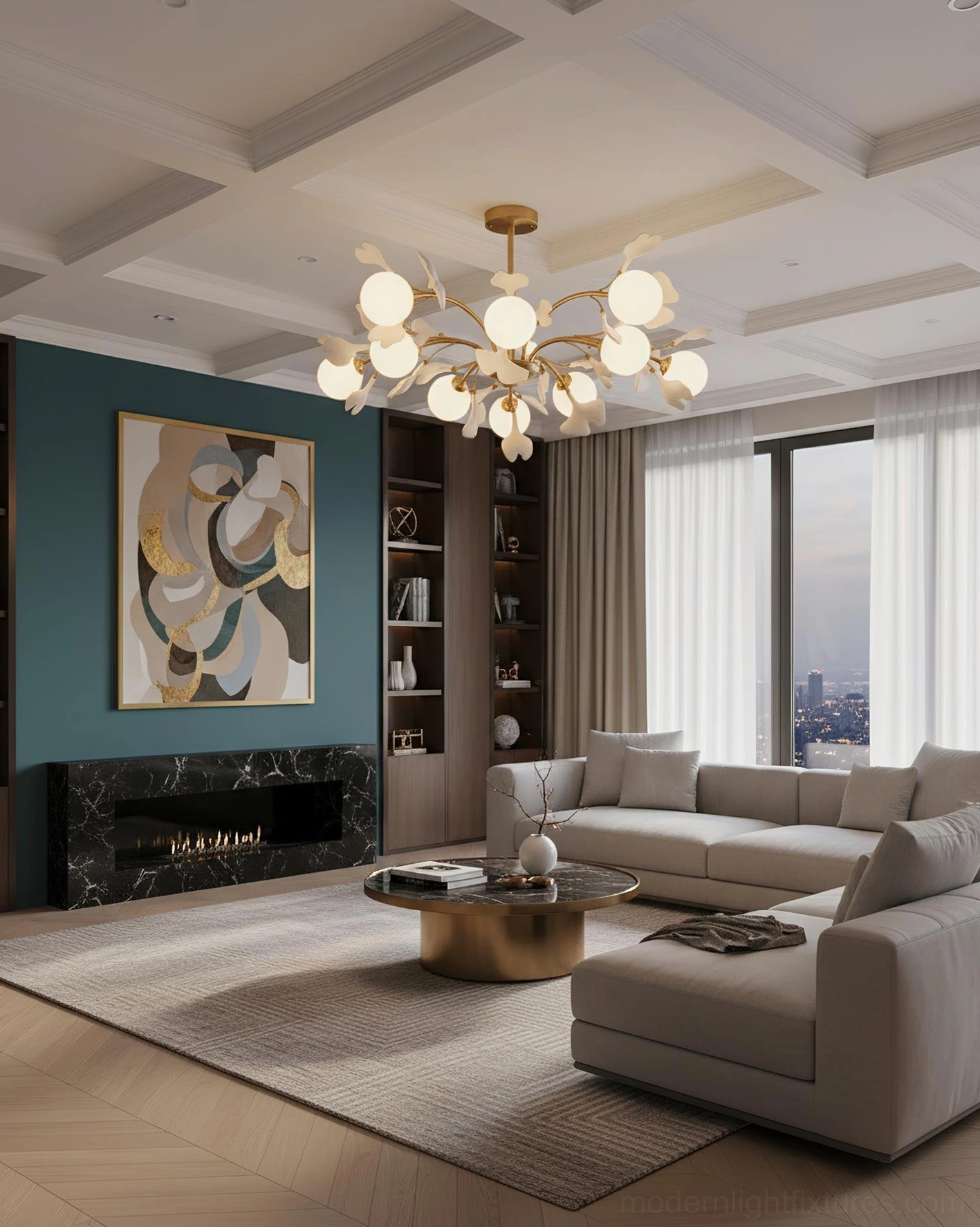 Ginkgo chandelier brass frame and suspension rod assembly, architectural detail view