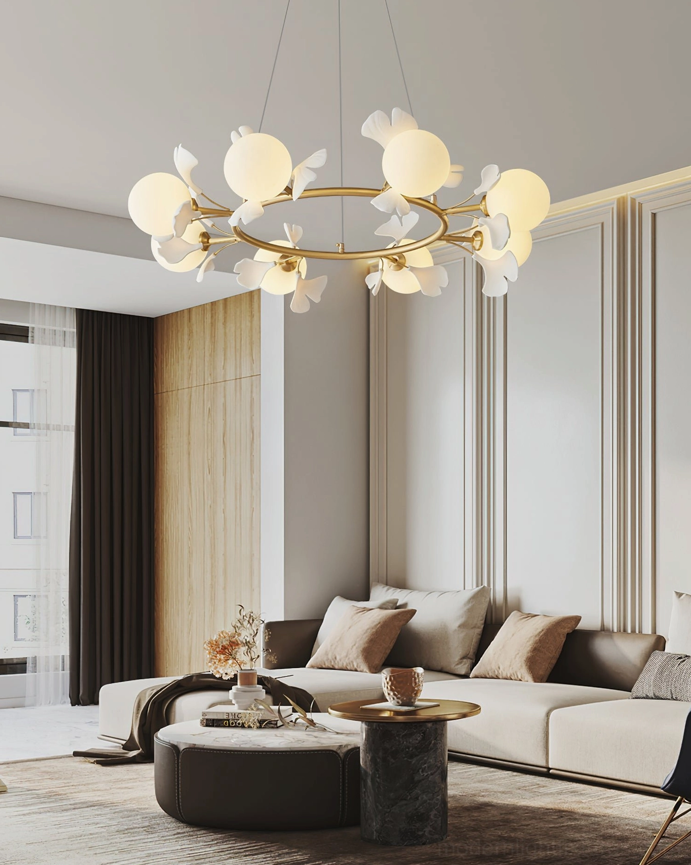 Ginkgo leaf modern pendant chandelier brass and white color option