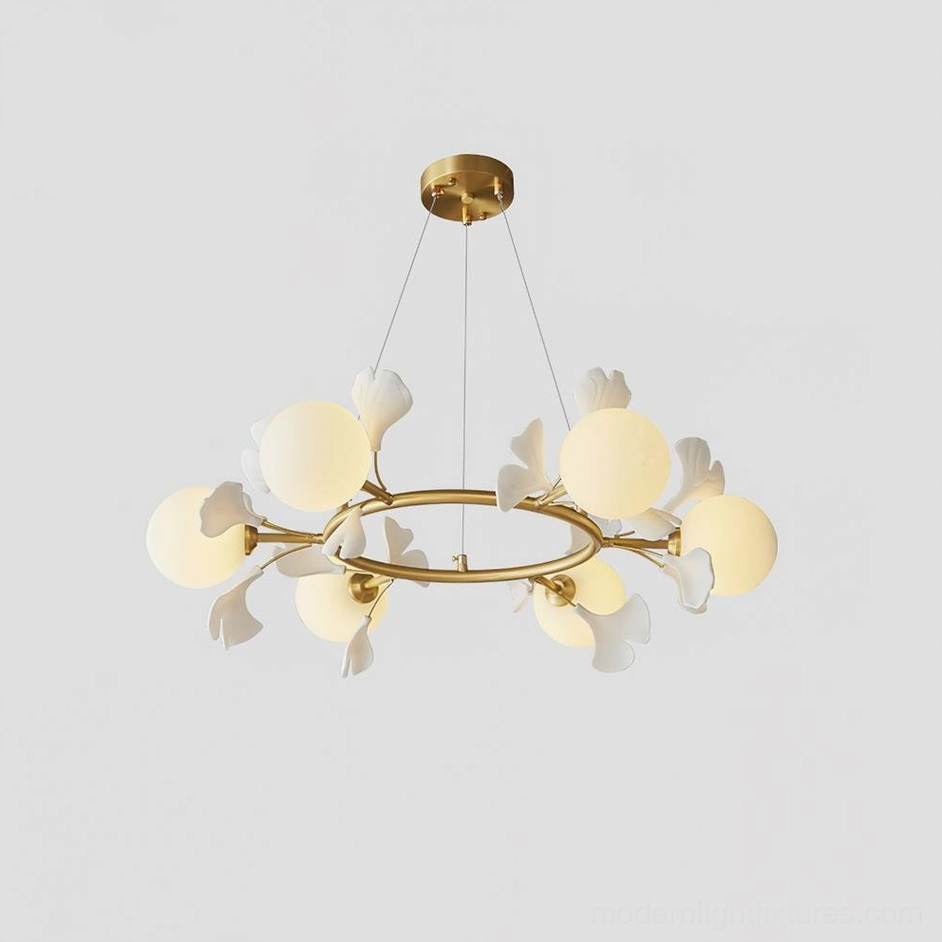 Ginkgo leaf chandelier brass white color scheme modern lighting fixture