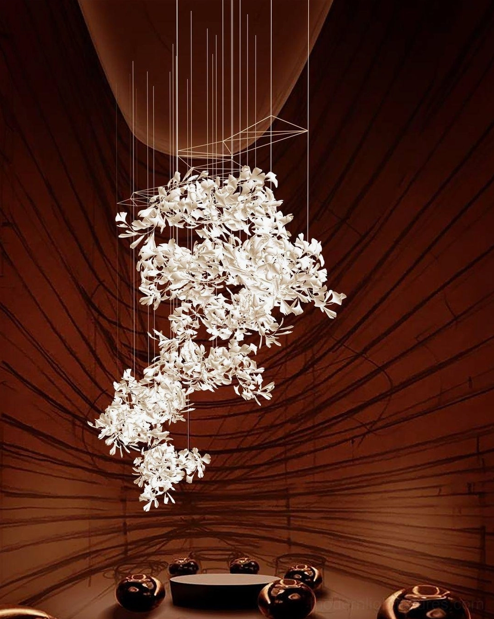 Modern ginkgo pendant chandelier close-up showing bulb positioning and light distribution
