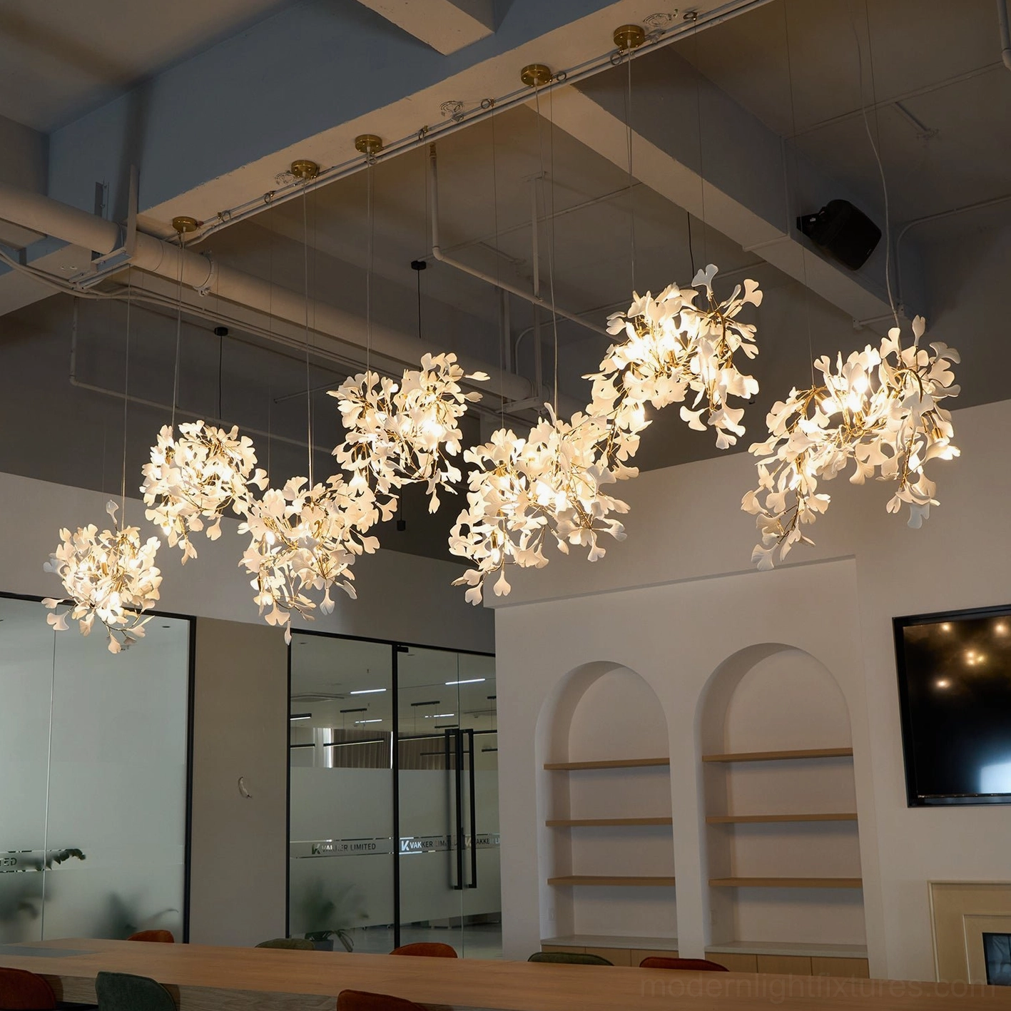 Ginkgo leaf chandelier C style showing individual module suspension and connection points