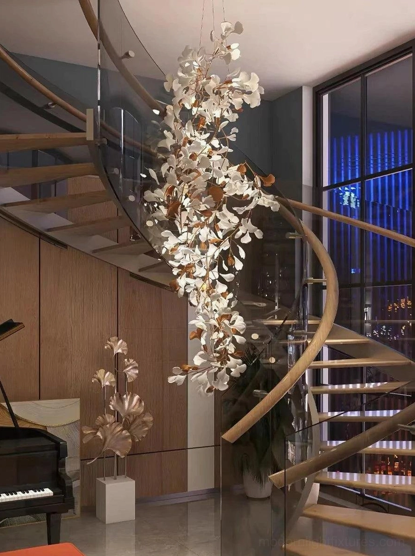Ginkgo pendant chandelier full view showing balanced cascading ceramic leaves architecture