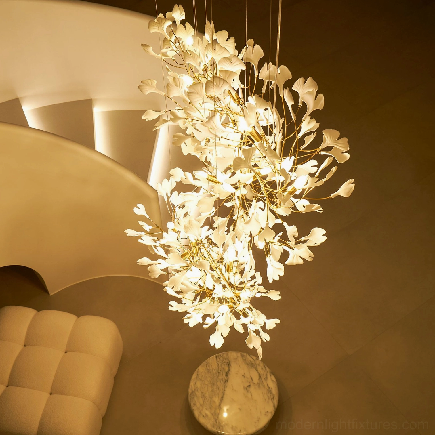Ginkgo leaf pendant chandelier detailed view highlighting ceramic craftsmanship
