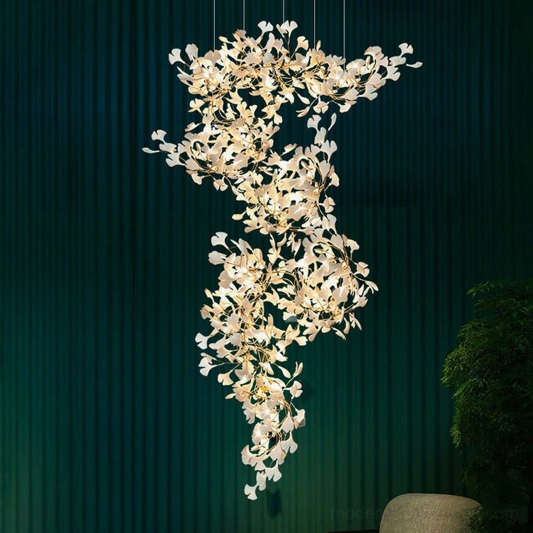 Ginkgo pendant chandelier architectural detail showing ceramic leaf layering and depth