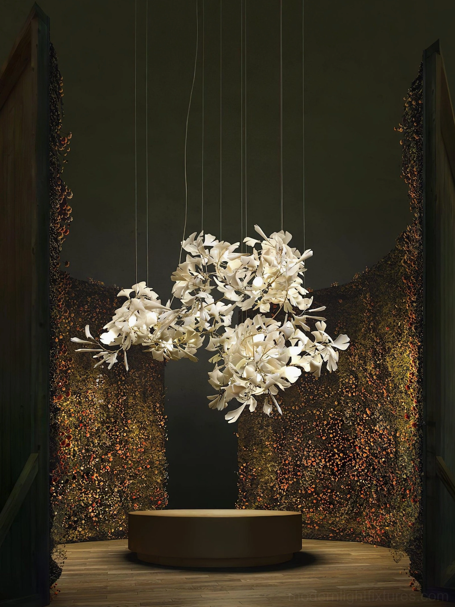 Ginkgo pendant chandelier showing individual ceramic leaf clarity and metal support structure