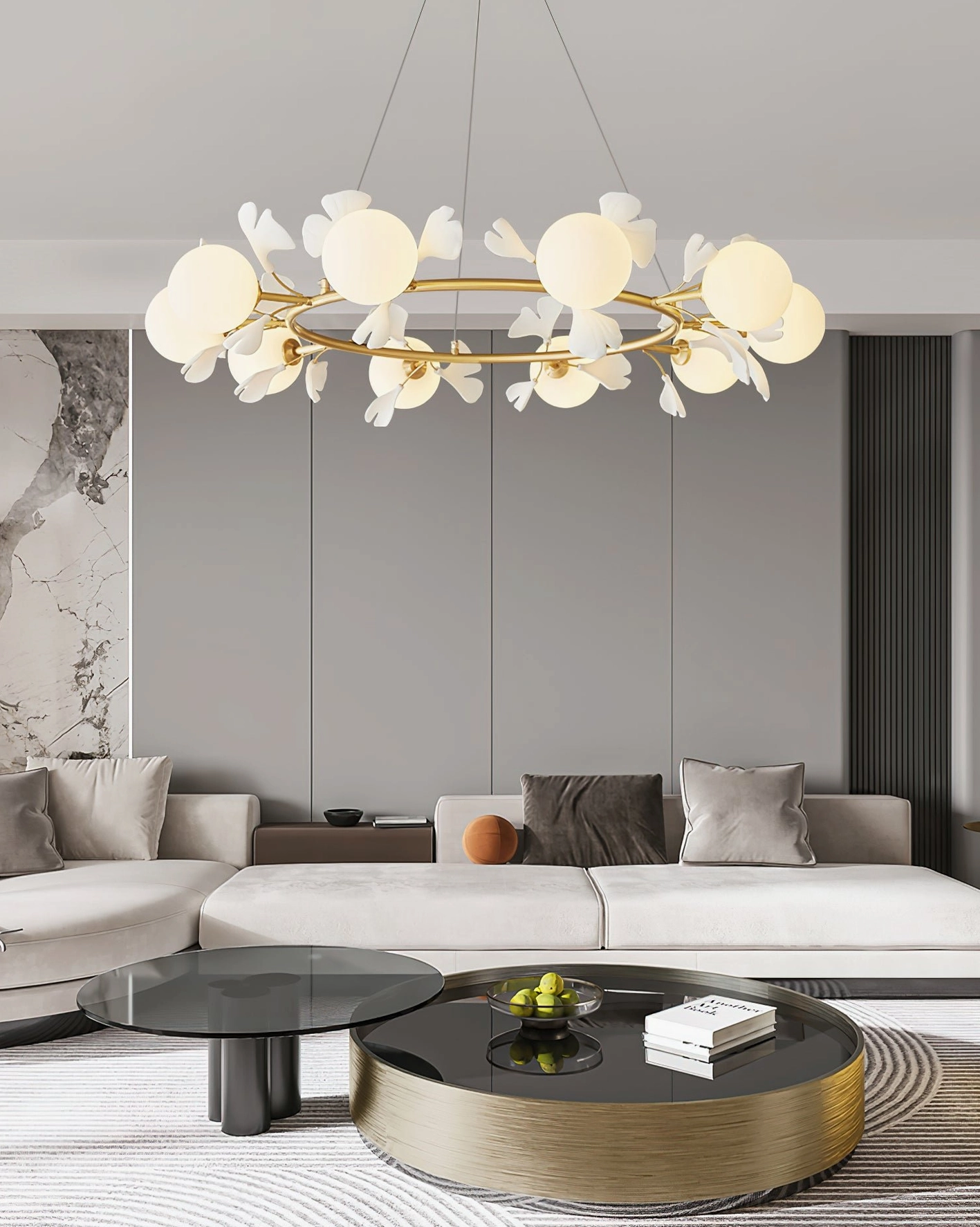 Ginkgo leaf brass chandelier detailed view ceramic decorative accents