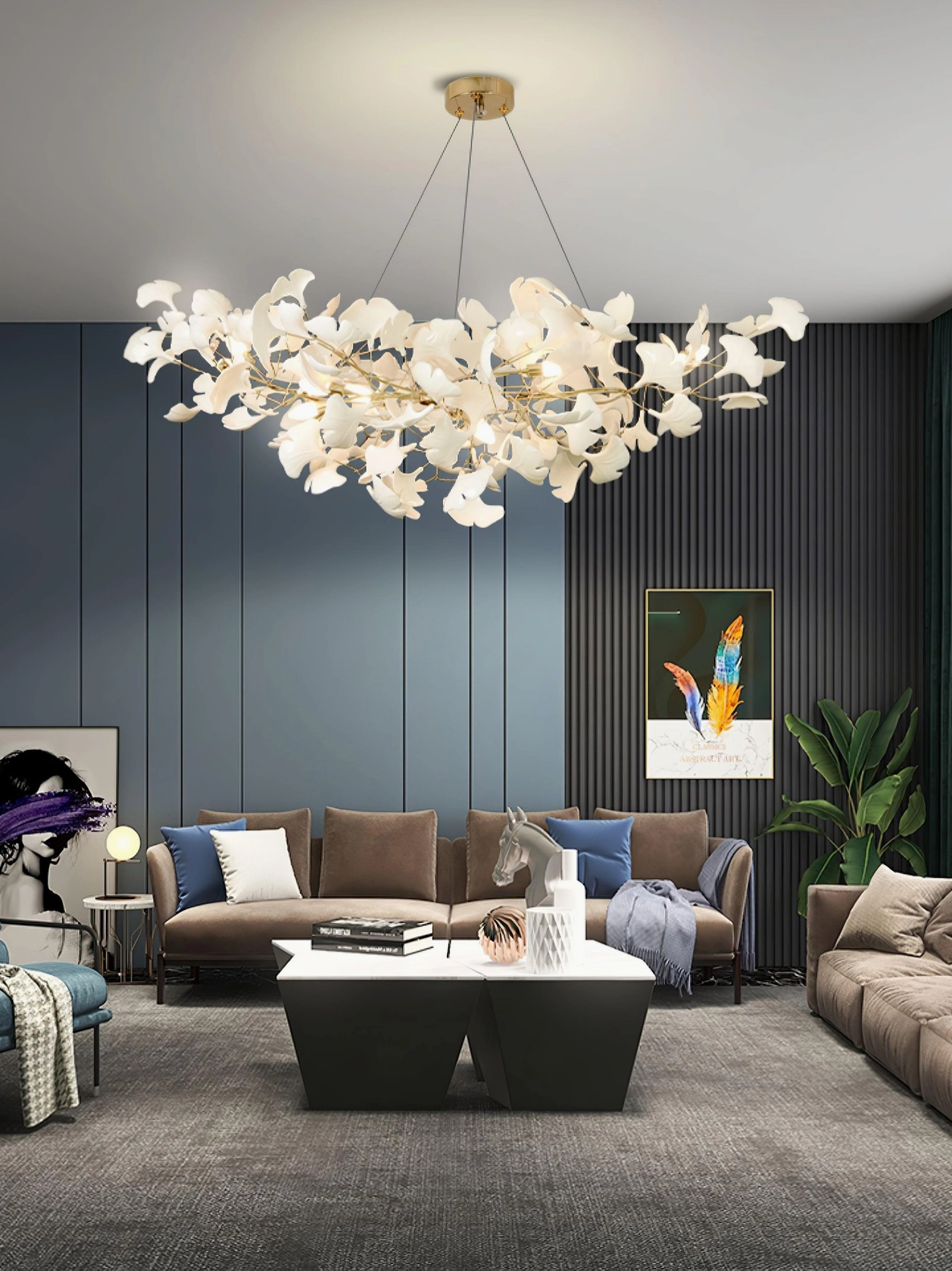 Ginkgo leaf chandelier detail - white ceramic leaf shapes with metal branch structure and connection points