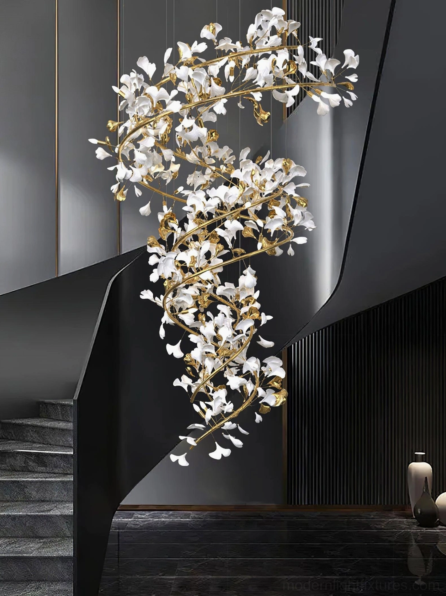 Ginkgo leaf crystal pendant chandelier displaying ceramic leaf elements and metal frame craftsmanship detail shot