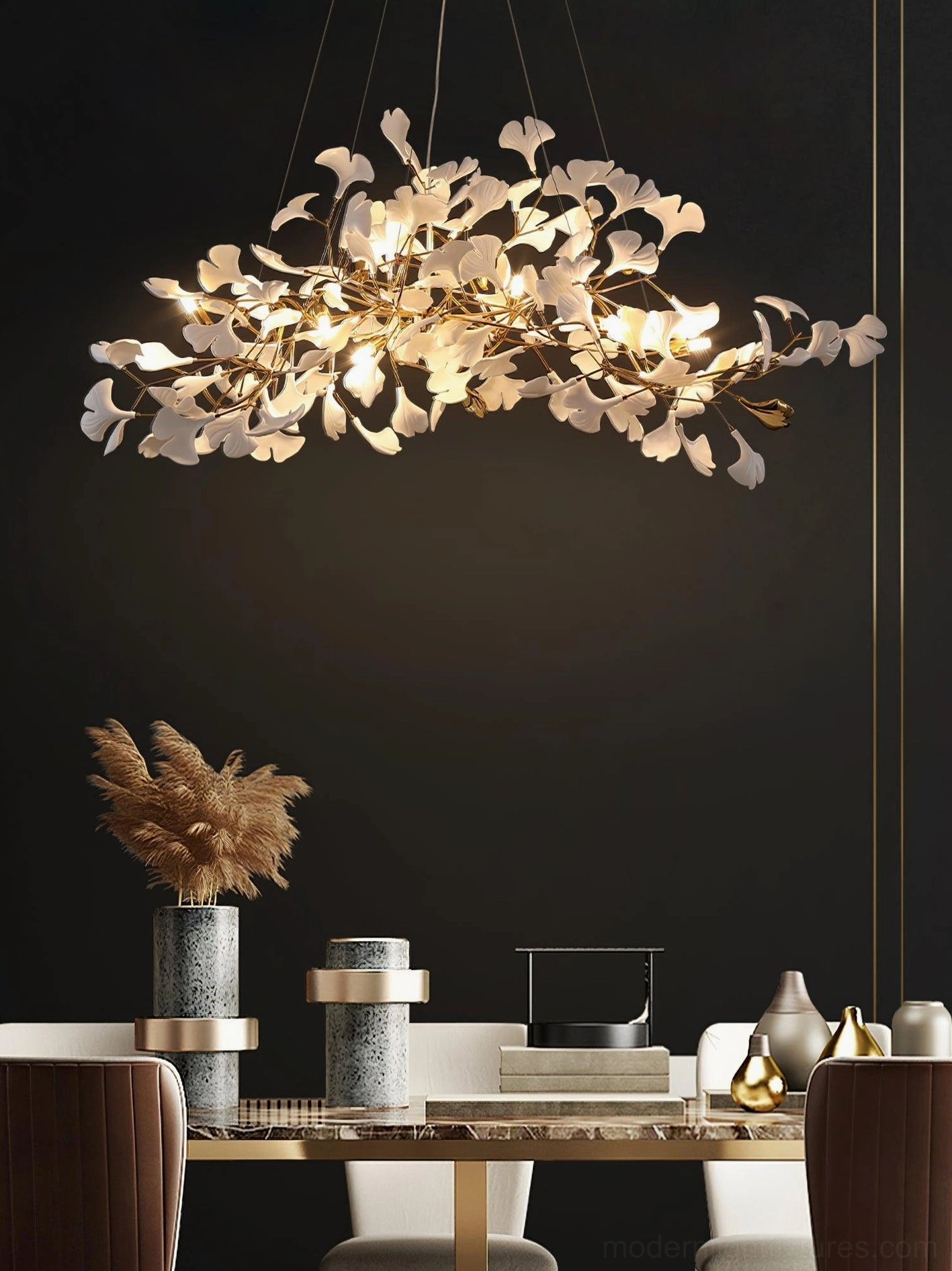 Compact ginkgo leaf chandelier 100cm size option with eight ceramic leaves and adjustable metal branches
